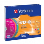 Оптический диск Verbatim DVD-R 4.7 Gb, 16x, Slim Case, Color (5шт)