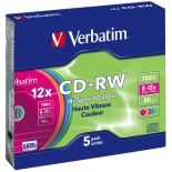 Оптический диск CD-RW Verbatim 700МБ 8x-12x Slim, цветные (5шт)