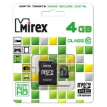 карта памяти Mirex microSDHC Class 10 4GB + SD adapter, Черная